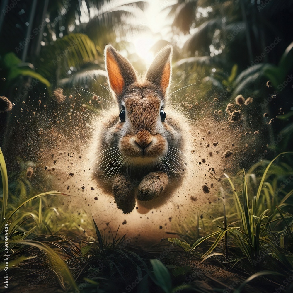 Wall mural High-speed photography of a Rabbit Jumping in the tall grass, motion blur and a fast shutter speed