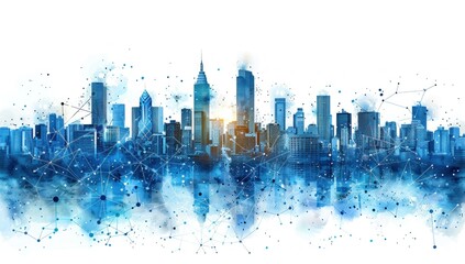 Obraz premium Watercolor Cityscape with Network Connections