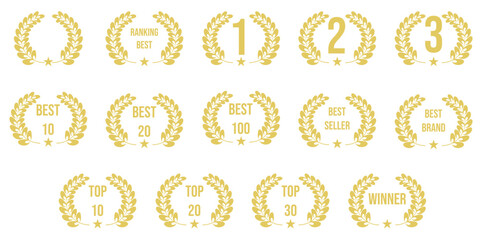 Set of gold Laurel Wreath isolated transparent background. Collection Award Frame vector aesthetic can used web social media design, mark book cover. EPS 10