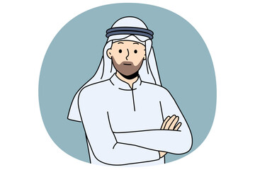 Smiling Arabic man in traditional national costume. Happy arabian bearded male in ethnic headwear and clothes. Vector illustration.