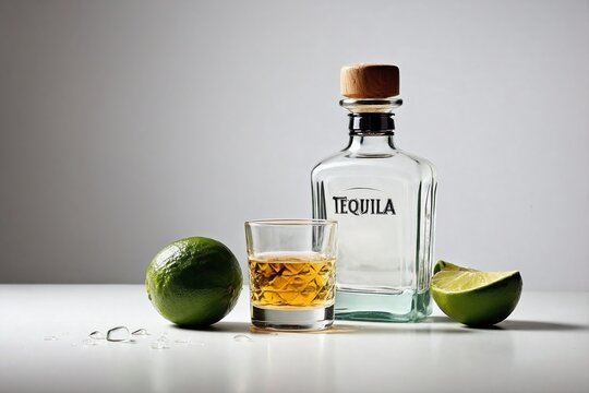 Tequila: A minimalist composition featuring a tequila bottle and a short glass of tequila.