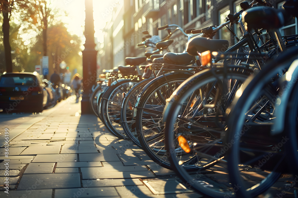 Poster A row of bicycles are parked on the sidewalk. The sun is shining brightly on the bikes, making them look shiny and new. The scene is peaceful and serene, with the bikes standing in a neat row