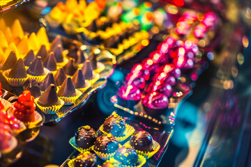 Obraz premium Vibrant Display of Assorted Colorful Desserts and Confections in a Bakery