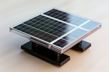A small black solar panel with a silver frame sits on a black pedestal on a beige table. The panel features four sections of advanced photovoltaic cells for renewable energy