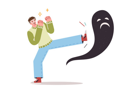 Man fights mental fears and psychological problems or panic attack, by kicking flying ghost