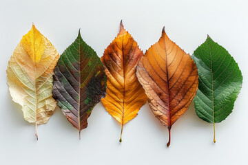 Colorful Autumn Leaf Transition Five Leaves Displaying Seasonal Changes from Green to Yellow to Brown