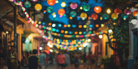 Colorful Evening Street Festival with String Lights and Vibrant Lanterns