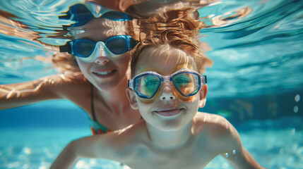 Naklejka premium Young boy and his mother having fun under water in swimming pool - Summer holiday and tropical resort concept - Focus on male child - Models by AI generative