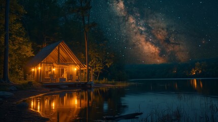 Obraz premium camping in summer time with beautiful milky way at night time, nocturnal night time breathtaking beauty nature scenery