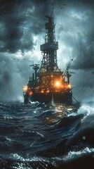 Obraz premium Offshore Oil Rig Withstanding Powerful Storm Waves Highlighting Harsh Conditions of Oil Extraction Industry