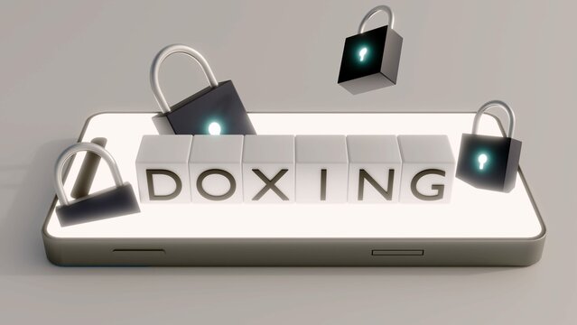 3d rendering of a smartphone, padlocks and cubes with the word of "DOXING" in it. The importance of protecting oneself from doxing