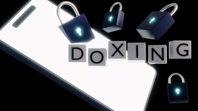 3d rendering of a smartphone, padlocks and cubes with the word of "DOXING" in it. The importance of protecting oneself from doxing