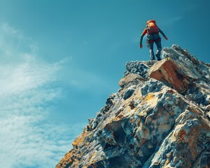 Skinny Adventurer Conquering Steep Rocky Summit with Copy Space