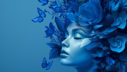 Fototapeta premium A surreal digital painting of a woman's face adorned with blue flowers and butterflies, creating a dreamlike and ethereal atmosphere filled with beauty and imagination