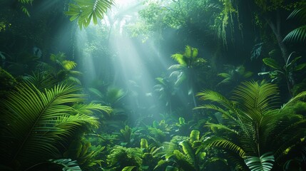 Fototapeta premium Dreamy fantasy landscape with lush vegetation in a deep jungle, digital illustration