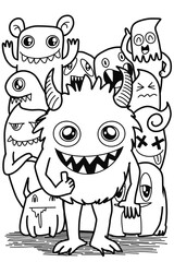 Hand-drawn illustrations, monsters doodle, Hand Drawn cartoon monster illustration,Cartoon crowd doodle hand-drawn Doodle style.black and white stripes coloring  book.