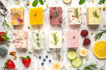 Top view of assorted variety of different handmade soap bars with natural ingredients, herbs, berries on white stone background. Skin care and organic soap making concept, spa cosmetic treatment .