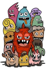 Fototapeta premium Hand-drawn illustrations, monsters doodle, Hand Drawn cartoon monster illustration,Cartoon crowd doodle hand-drawn Doodle style.