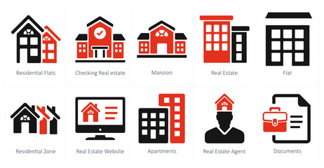 A set of 10 Real Estate icons as residential flats, checking real estate, mansion