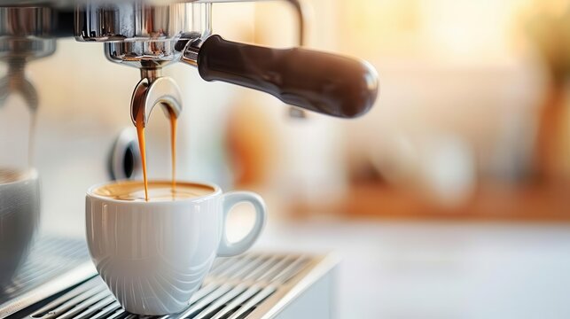 Espresso machine pouring coffee into a cup, coffee, brewing process in action