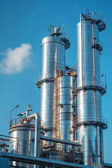 Fototapeta premium Industrial Refinery Plant with Steel Distillation Towers against Clear Blue Sky