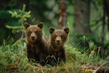 Fototapeta premium Two brown bear cubs (grizzlies) with one looking back into the camera