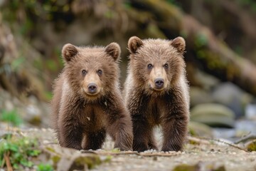 Obraz premium Two brown bear cubs (grizzlies) with one looking back into the camera