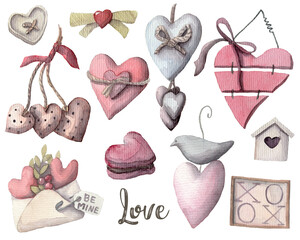 Vintage style set of hand-drawn hearts. Wooden hearts, metal and fabric hearts - cute elements for wedding or holiday decor, scrapbooking. all clipart isolated on white