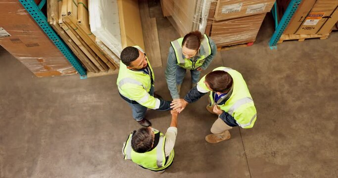 People, team and hand together in warehouse for collaboration, inventory management and synergy for operational planning. Logistics group, above and applause for good job, well done and reputation.
