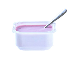 Open packing with blueberry yoghurt in a white plastic cup with a spoon isolated on a white background.