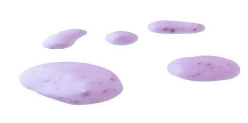 Spilled blueberry yogurt puddle isolated on white background and texture.