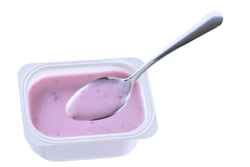 blueberry yogurt in a white plastic cup with a spoon isolated on a white background. Top view.