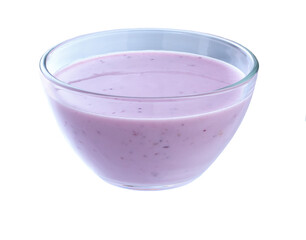 blueberry yogurt  in a clear glass bowl , isolated on white background  full depth of field.