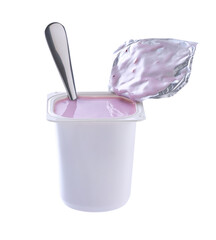Open packing with blueberry yoghurt in a white plastic cup with a spoon isolated on a white background.