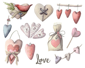 Vintage style set of hand-drawn hearts. Wooden hearts, metal and fabric hearts - cute elements for wedding or holiday decor, scrapbooking. all clipart isolated on white