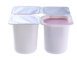 plastic containers of blueberry yogurt with foil lid, isolated on white background .