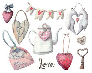 Vintage style set of hand-drawn hearts. Wooden hearts, metal and fabric hearts - cute elements for wedding or holiday decor, scrapbooking. all clipart isolated on white