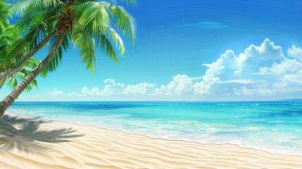 A serene tropical beach scene with palm trees swaying in the breeze. The white sand, crystal-clear water, and blue sky create a picture-perfect paradise. Generative AI