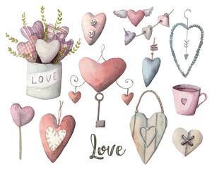 Vintage style set of hand-drawn hearts. Wooden hearts, metal and fabric hearts - cute elements for wedding or holiday decor, scrapbooking. all clipart isolated on white