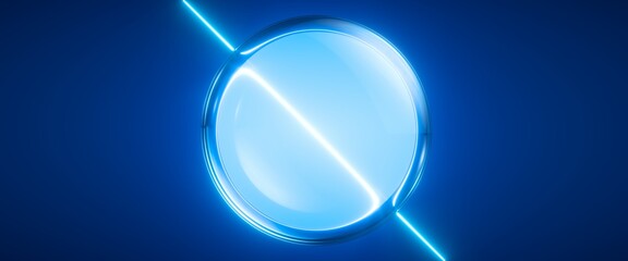 3d render. Abstract blue background. Crossing glowing line and glass ball macro. Energy and technology concept. Futuristic wallpaper