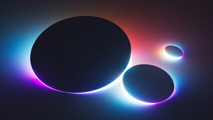 3d render. Abstract minimalist background with glowing round shapes and gradient neon light. Trendy wallpaper with ambient vibes