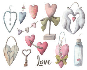 Vintage style set of hand-drawn hearts. Wooden hearts, metal and fabric hearts - cute elements for wedding or holiday decor, scrapbooking. all clipart isolated on white