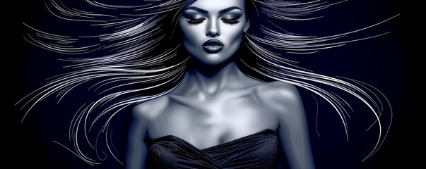 A woman with long hair is shown in a black dress. The image has a moody and mysterious feel to it, as the woman's face is obscured by the long hair