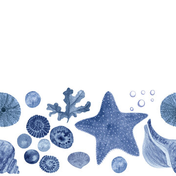 Starfish, seaweed, bubbles, pearls, shell blue monochromatic watercolor seamless border isolated on white. Hand-drawn illustration for cards, restaurant menu, textile, tourism, tape and room decor