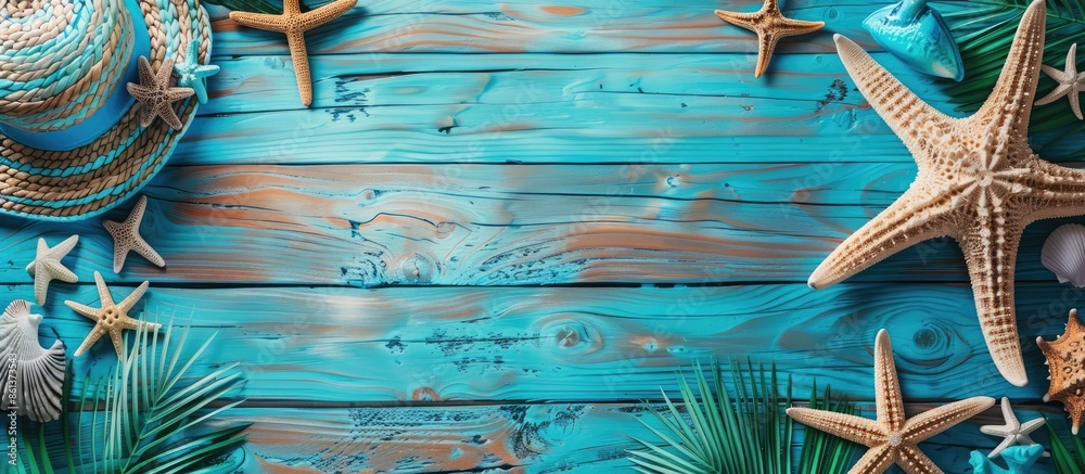 Poster Aerial shot of a seaside dock with blue planks and beach items arranged in a frame, featuring a background showing wood texture for a Summer Vacation theme with copy space image.