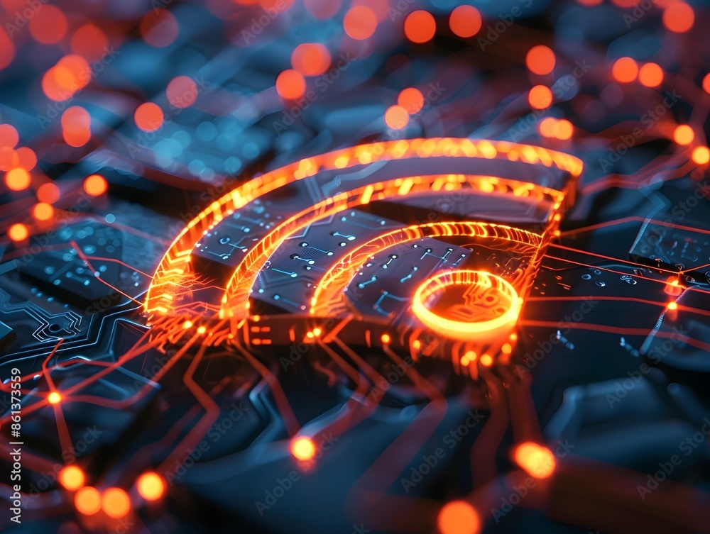 Poster captivating digital circuitry patterns forming iconic wifi symbol against backdrop of interconnected