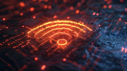 Futuristic Glowing Neon WiFi Icon Concept in Dark High Tech Environment
