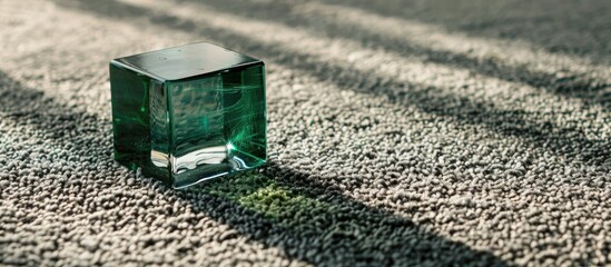 A green glass cube resting on a gray carpet, with a clear background creating copy space for images.