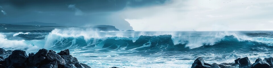 An image of powerful ocean waves crashing against picturesque rocks on a stormy day. Generative AI