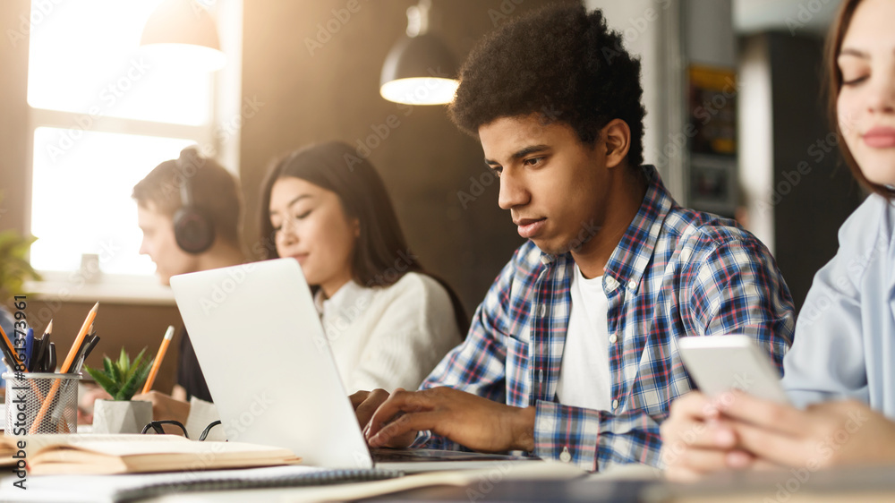 Poster in the library, a diverse set of zoomers focuses on their screens, deeply engrossed in research. the